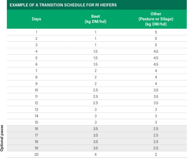 Table showing an example of a transition schedule for R1 heifers