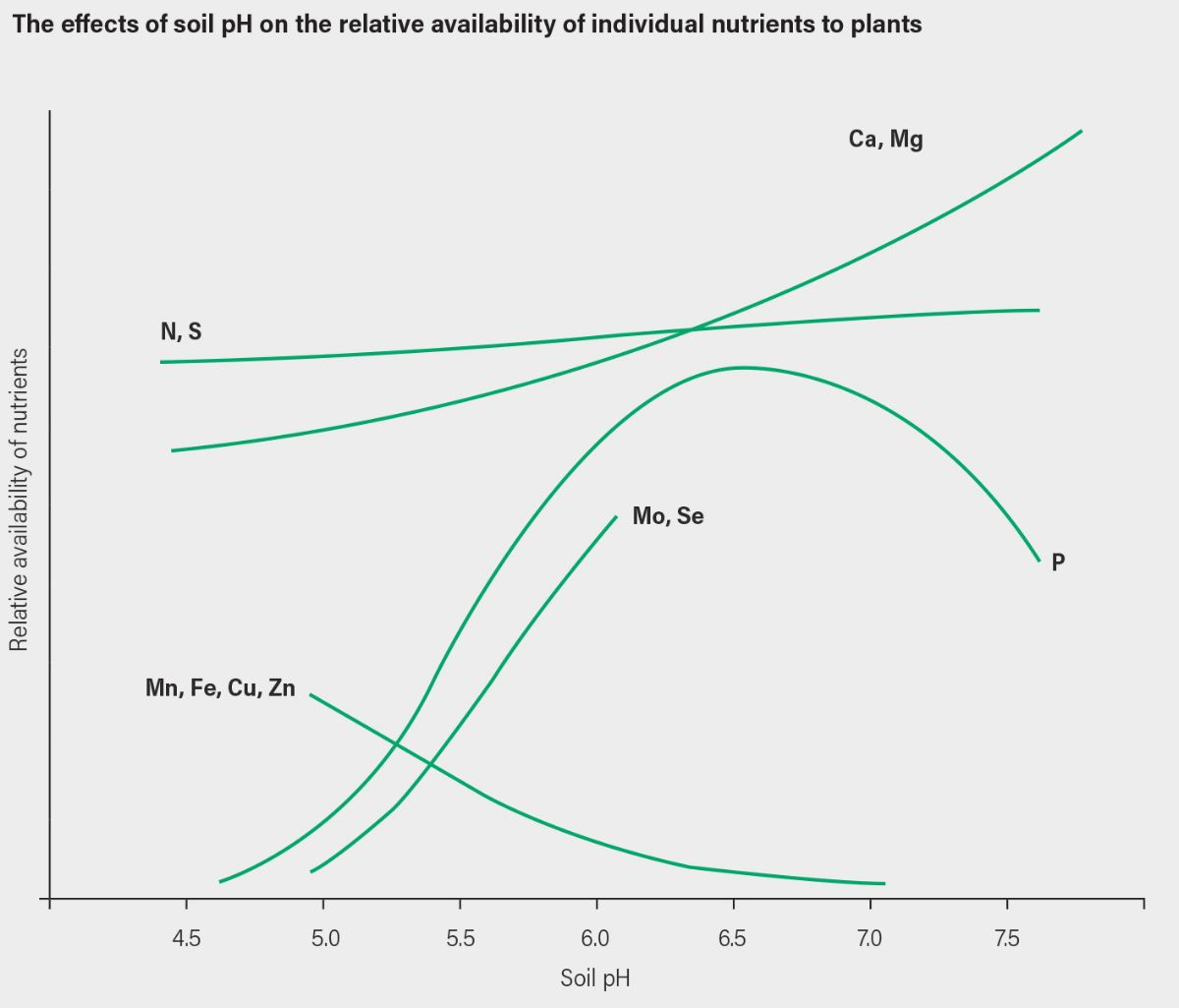 Graph showing the effects of soil pH on the relative availability of individual nutrients to plants