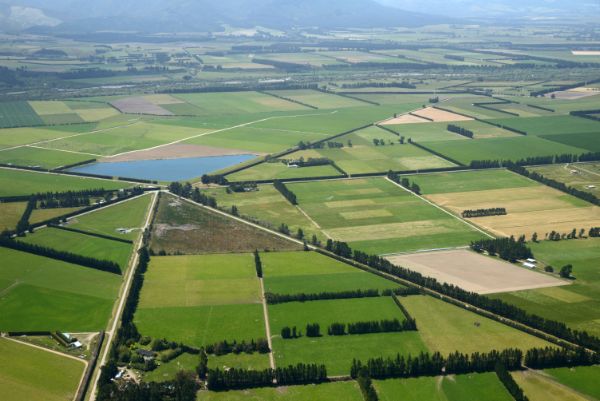 An aerial view of farms in North Canterbury, including Agricom research farm, Marshdale