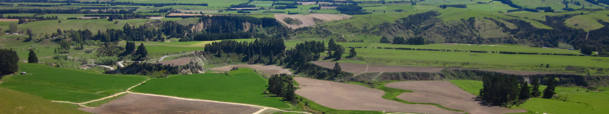 A landscape image of rolling hills with a patchwork of paddocks in various stages of cultivation